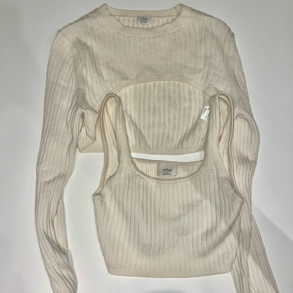 Aritzia Cream Ribbed Knit Sweater Set
